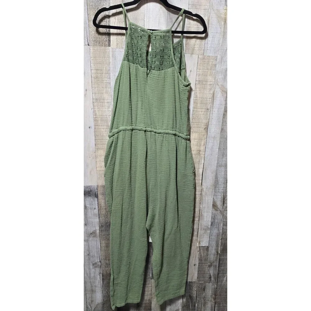 Old Navy Olive Green Gauzy Lace Jumpsuit Jumper XL Gorpcore Minimalist Comfy - Picture 3 of 6
